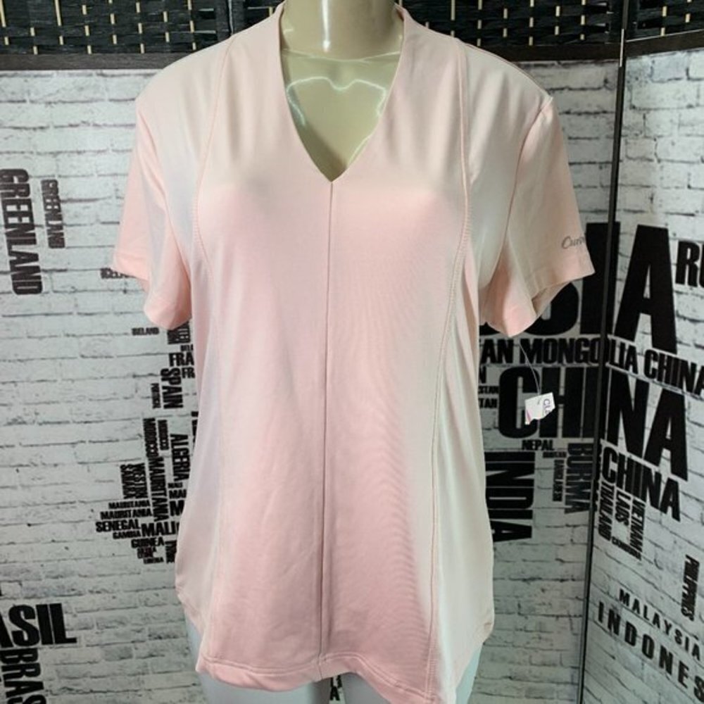 Curves Gym L Pink Logo V- Neck Seam Detail Contour Fit Short Sleeve Top